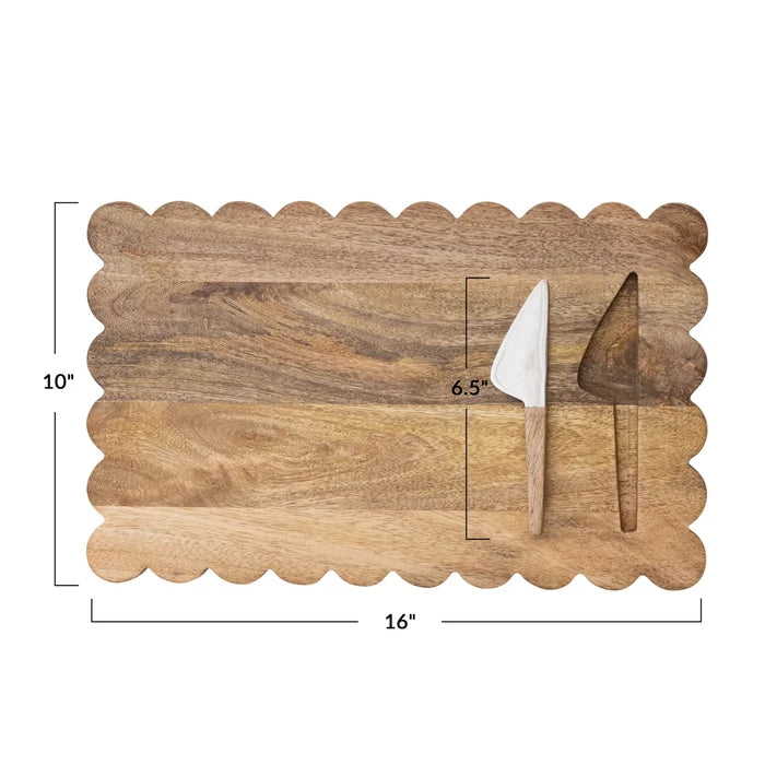 Scalloped Mango Wood Cheese Serving Board with Cheese Knife