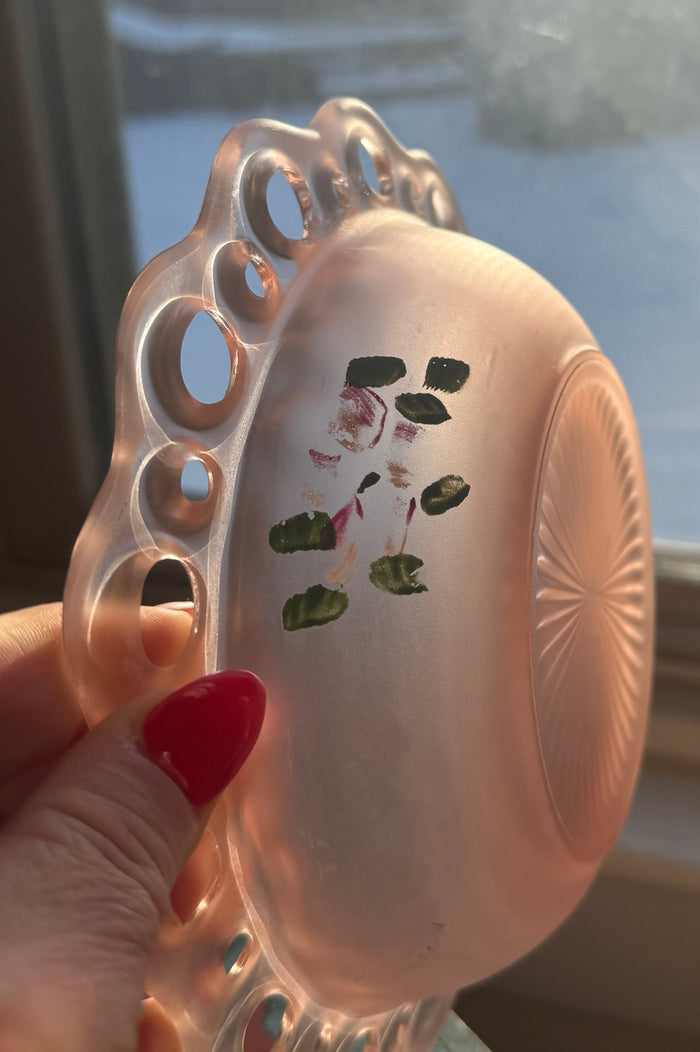 Sweet Blush Pink Depression Glass Bowl – Pierced Edge & Hand-Painted Flowers
