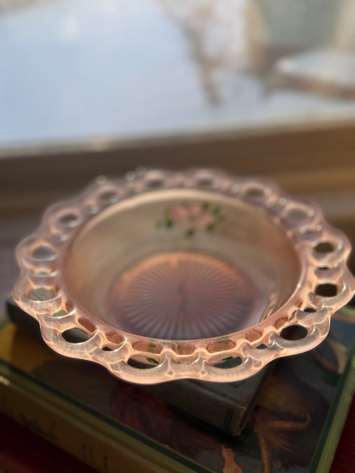 Sweet Blush Pink Depression Glass Bowl – Pierced Edge & Hand-Painted Flowers