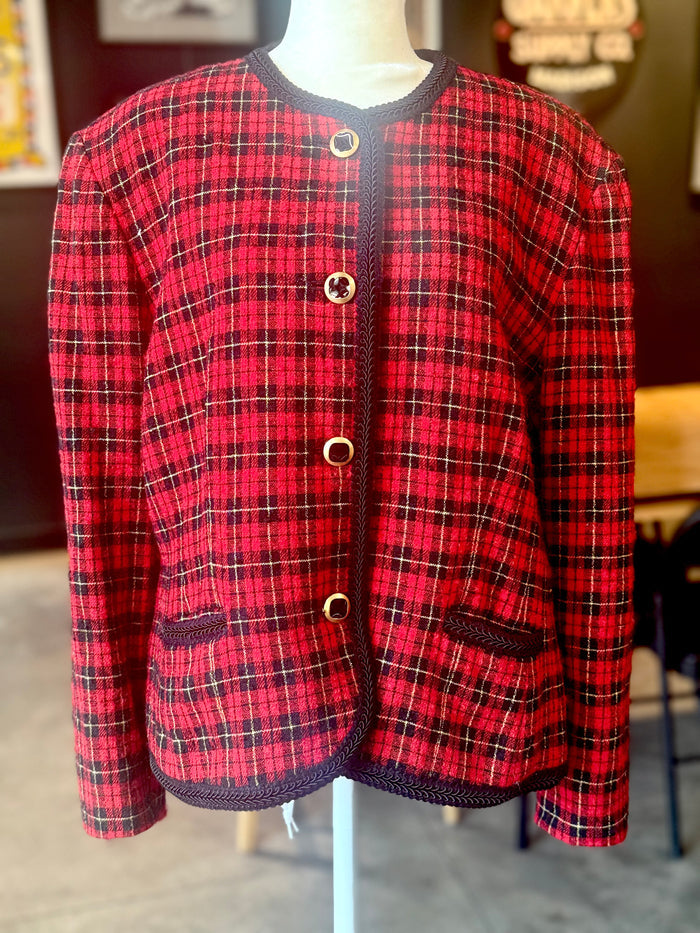 Vintage Pendleton Wool Jacket | Red & Black Plaid | Braided Trim Blazer | USA Made | Size 18